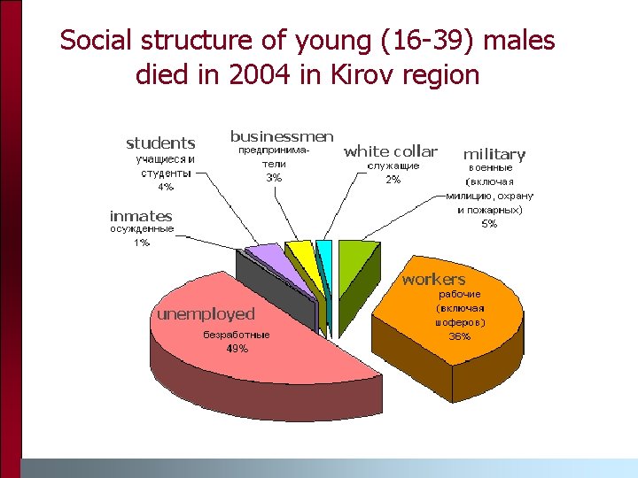 Social structure of young (16 -39) males died in 2004 in Kirov region 