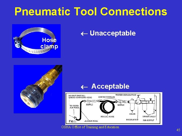 Pneumatic Tool Connections Hose clamp Unacceptable Acceptable OSHA Office of Training and Education 45