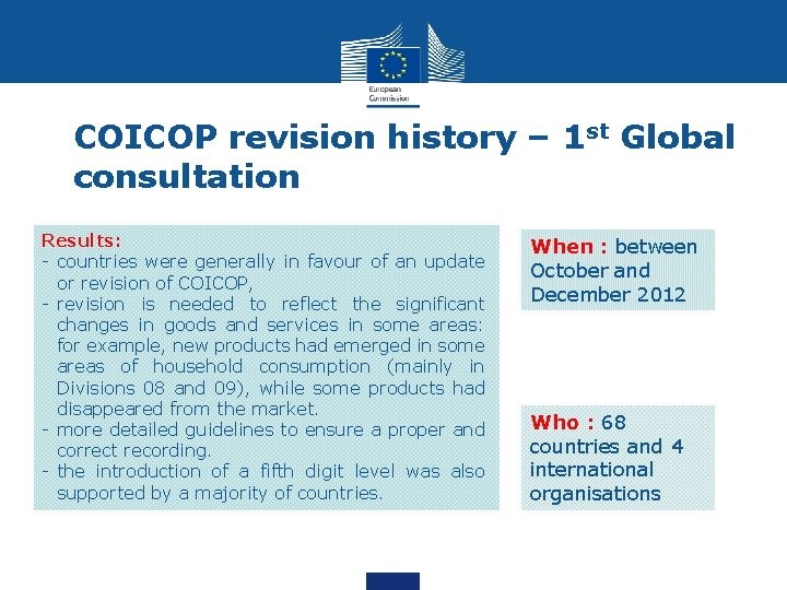 COICOP revision history – 1 st Global consultation Results: - countries were generally in