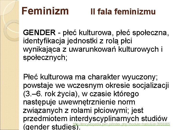 Feminizm II fala feminizmu GENDER - płeć kulturowa, płeć społeczna, identyfikacja jednostki z rolą