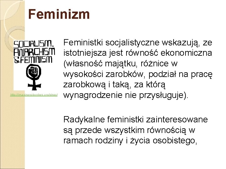 Feminizm http: //imaginenoborders. org/zines/ Feministki socjalistyczne wskazują, ze istotniejsza jest równość ekonomiczna (własność majątku,