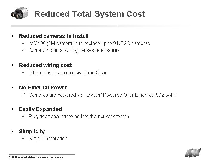 Reduced Total System Cost § Reduced cameras to install ü AV 3100 (3 M