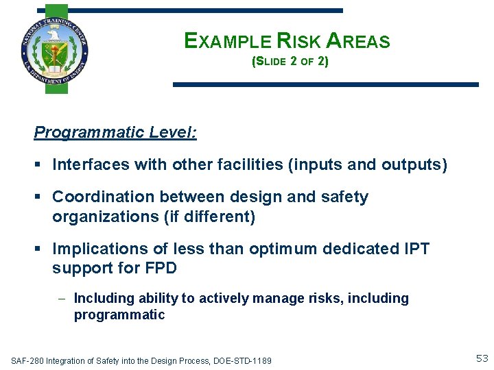 EXAMPLE RISK AREAS (SLIDE 2 OF 2) Programmatic Level: § Interfaces with other facilities