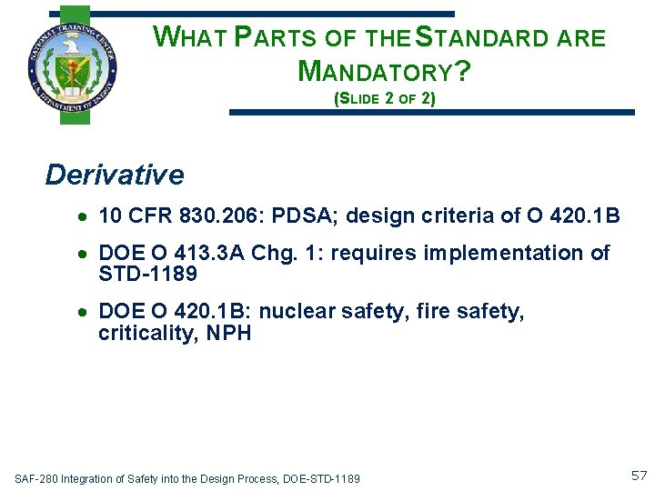 WHAT PARTS OF THE STANDARD ARE MANDATORY? (SLIDE 2 OF 2) Derivative 10 CFR