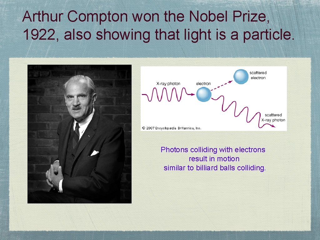 Arthur Compton won the Nobel Prize, 1922, also showing that light is a particle.