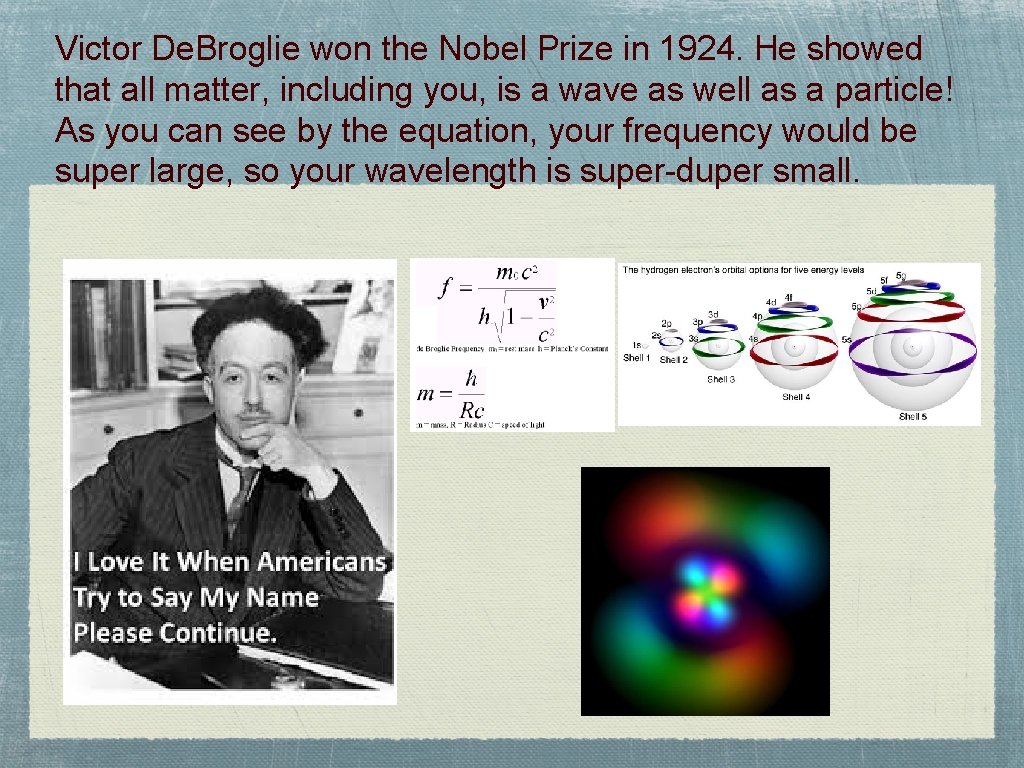 Victor De. Broglie won the Nobel Prize in 1924. He showed that all matter,