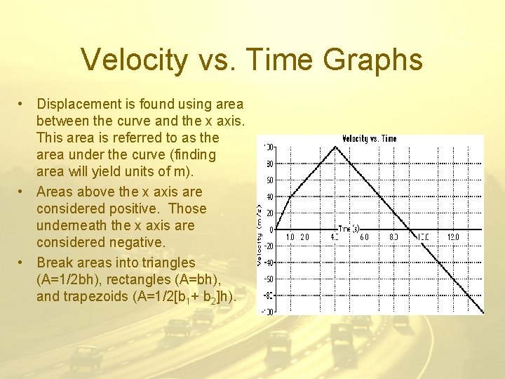 Velocity vs. Time Graphs • Displacement is found using area between the curve and