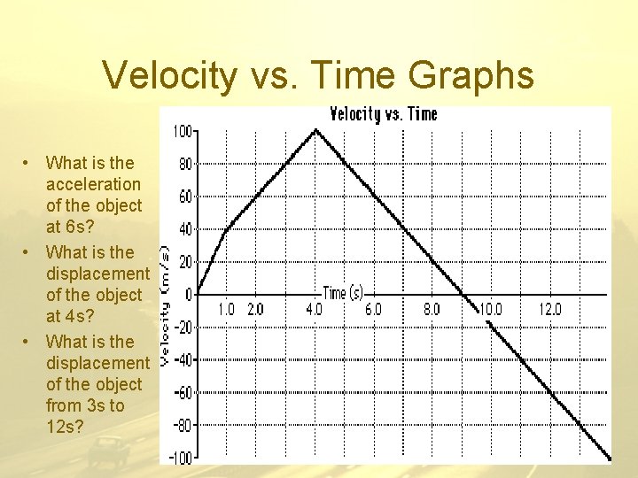 Velocity vs. Time Graphs • What is the acceleration of the object at 6