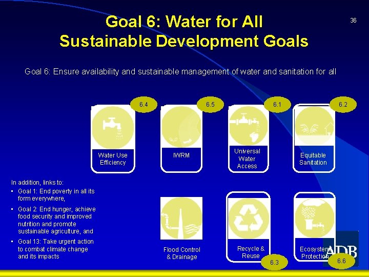 Goal 6: Water for All Sustainable Development Goals 36 Goal 6: Ensure availability and