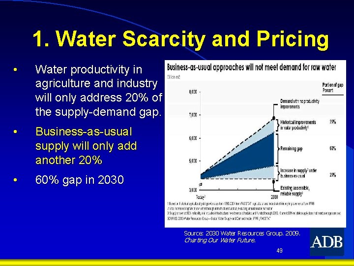 1. Water Scarcity and Pricing • Water productivity in agriculture and industry will only