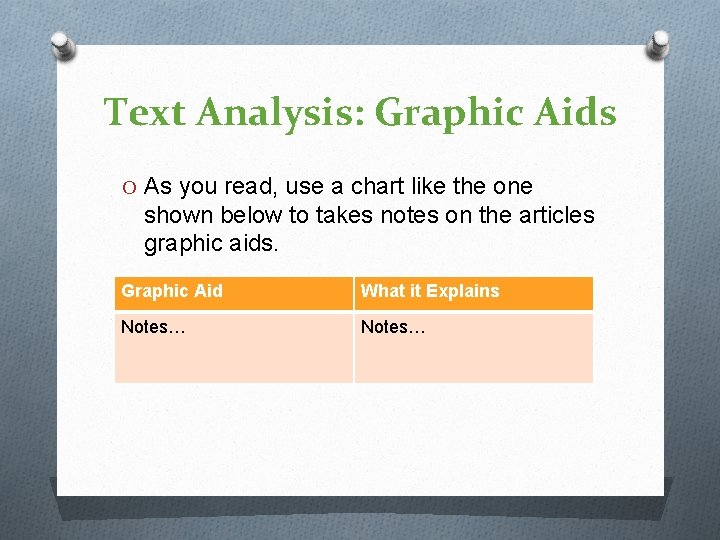 Text Analysis: Graphic Aids O As you read, use a chart like the one