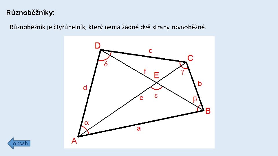 Různoběžníky: Různoběžník je čtyřúhelník, který nemá žádné dvě strany rovnoběžné. obsah 