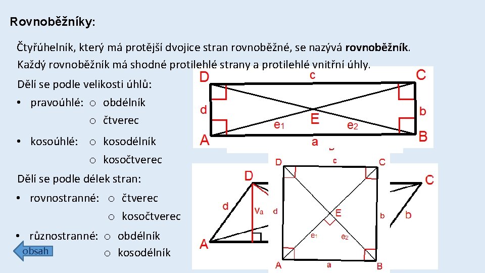 Rovnoběžníky: Čtyřúhelník, který má protější dvojice stran rovnoběžné, se nazývá rovnoběžník. Každý rovnoběžník má
