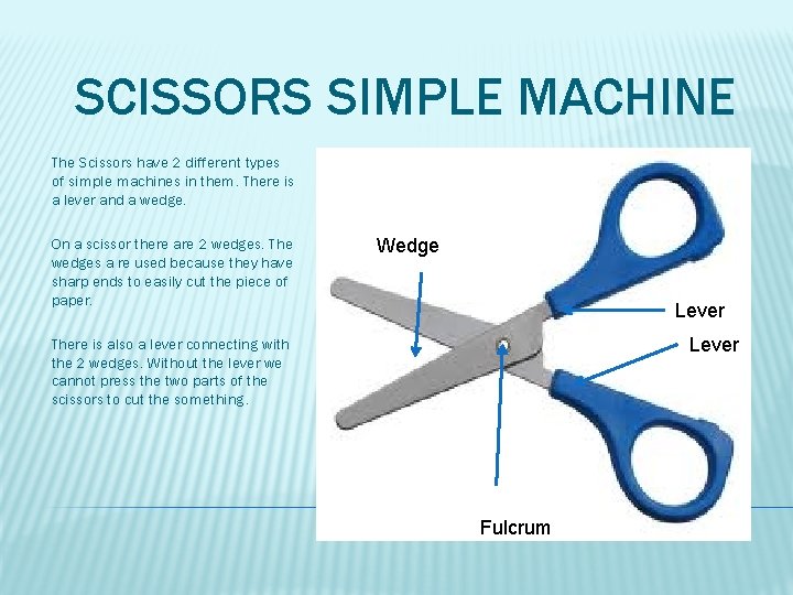 SCISSORS SIMPLE MACHINE The Scissors have 2 different types of simple machines in them.