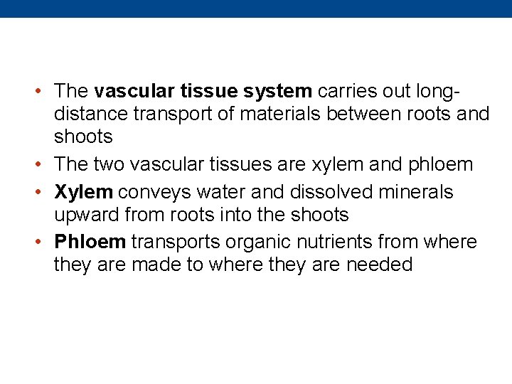  • The vascular tissue system carries out longdistance transport of materials between roots