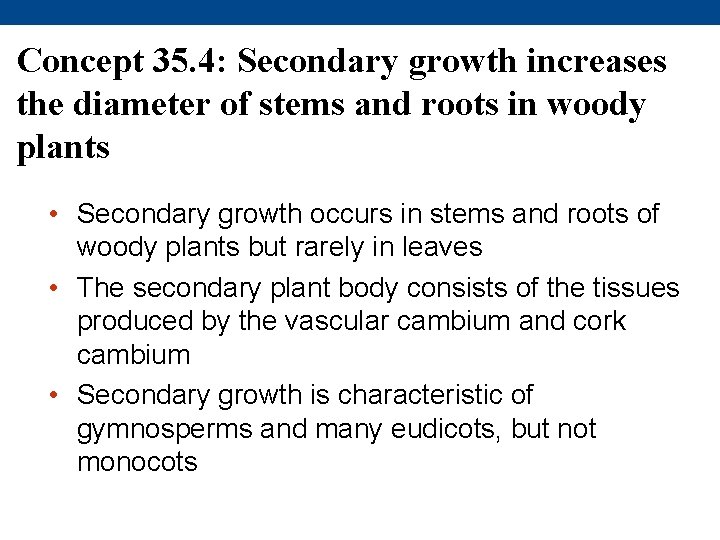 Concept 35. 4: Secondary growth increases the diameter of stems and roots in woody