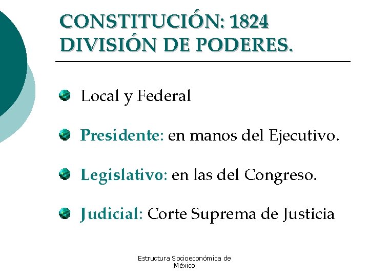 CONSTITUCIÓN: 1824 DIVISIÓN DE PODERES. Local y Federal Presidente: en manos del Ejecutivo. Legislativo: