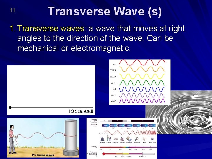 11 Transverse Wave (s) 1. Transverse waves: a wave that moves at right angles