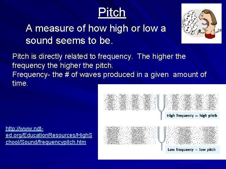 Pitch A measure of how high or low a sound seems to be. Pitch