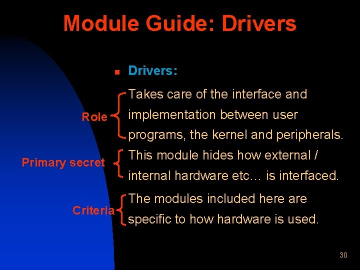 Module Guide: Drivers n Drivers: Takes care of the interface and Role implementation between