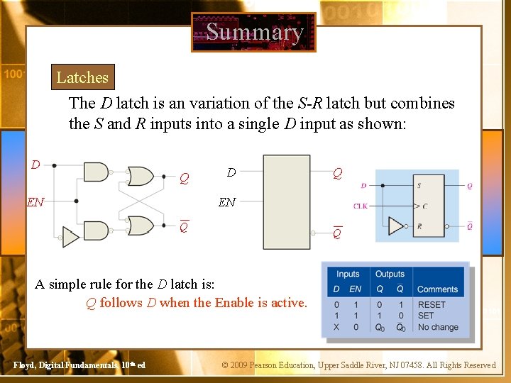 Summary Latches The D latch is an variation of the S-R latch but combines