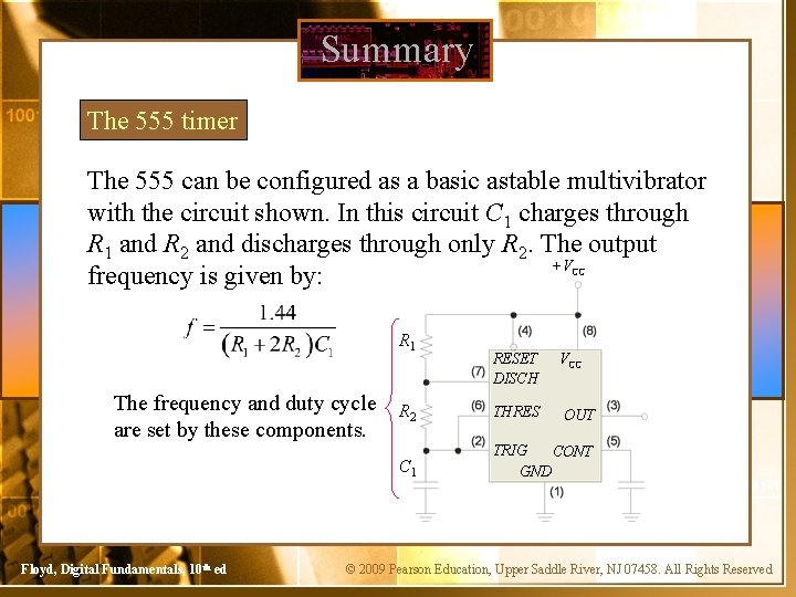 Summary The 555 timer The 555 can be configured as a basic astable multivibrator