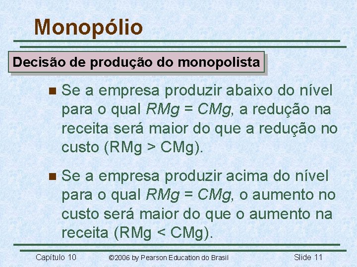 Monopólio Decisão de produção do monopolista n Se a empresa produzir abaixo do nível