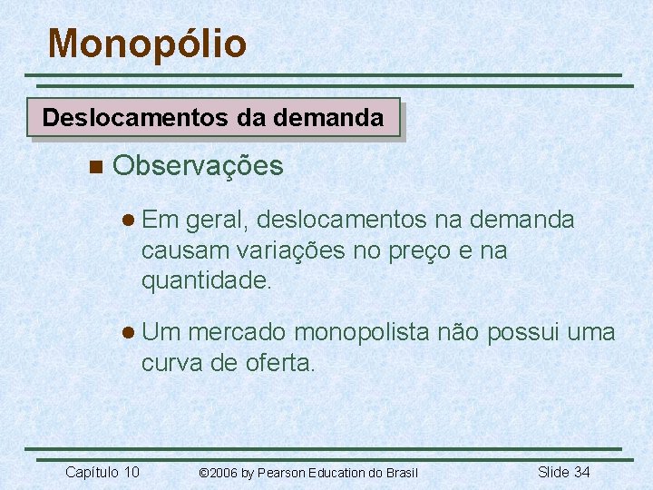 Monopólio Deslocamentos da demanda n Observações l Em geral, deslocamentos na demanda causam variações