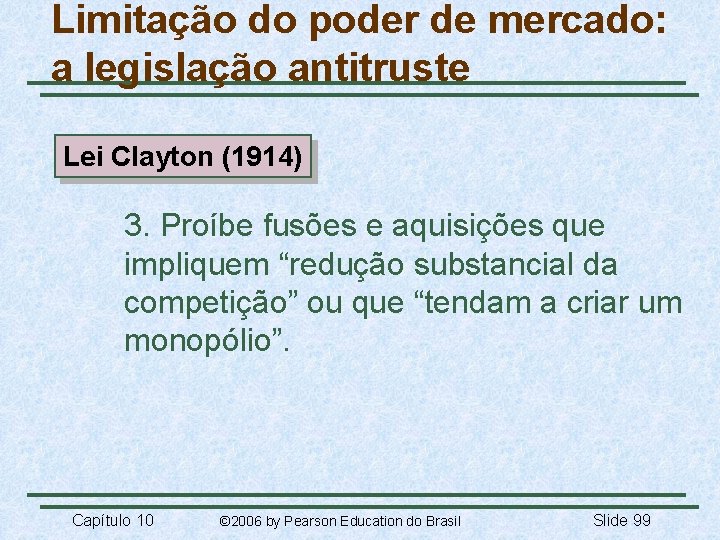 Limitação do poder de mercado: a legislação antitruste Lei Clayton (1914) 3. Proíbe fusões