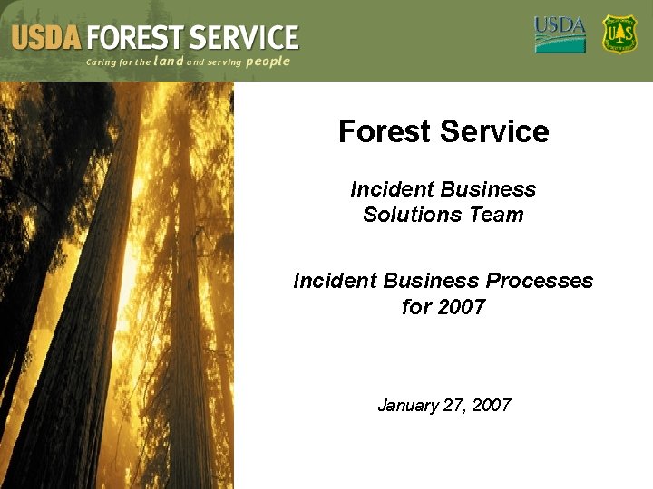 Forest Service Incident Business Solutions Team Incident Business Processes for 2007 January 27, 2007