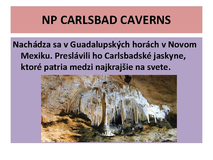 NP CARLSBAD CAVERNS Nachádza sa v Guadalupských horách v Novom Mexiku. Preslávili ho Carlsbadské