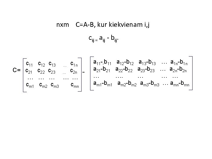 nxm C=A-B, kur kiekvienam i, j cij = aij - bij. c 11 C=