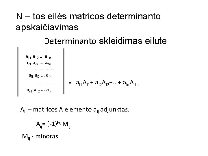 N – tos eilės matricos determinanto apskaičiavimas Determinanto skleidimas eilute a 11 a 12.