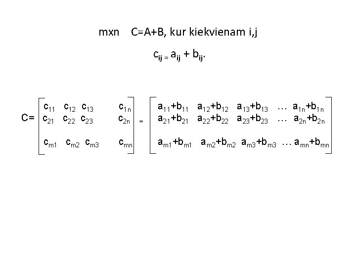 mxn C=A+B, kur kiekvienam i, j cij = aij + bij. c 11 c