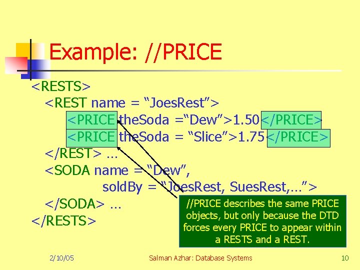 Example: //PRICE <RESTS> <REST name = “Joes. Rest”> <PRICE the. Soda =“Dew”>1. 50</PRICE> <PRICE