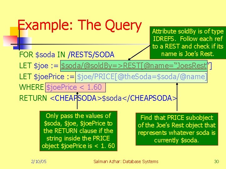 Example: The Query Attribute sold. By is of type IDREFS. Follow each ref to