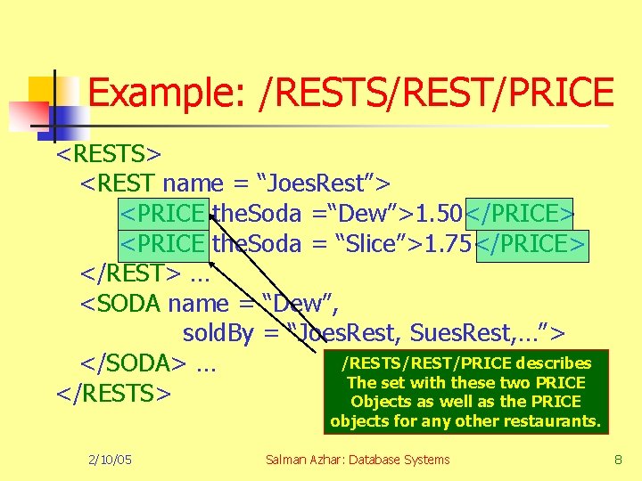 Example: /RESTS/REST/PRICE <RESTS> <REST name = “Joes. Rest”> <PRICE the. Soda =“Dew”>1. 50</PRICE> <PRICE