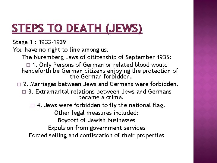 STEPS TO DEATH (JEWS) Stage 1 : 1933 -1939 You have no right to