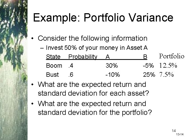 Example: Portfolio Variance • Consider the following information – Invest 50% of your money