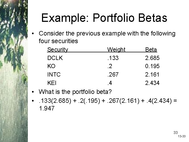 Example: Portfolio Betas • Consider the previous example with the following four securities Security
