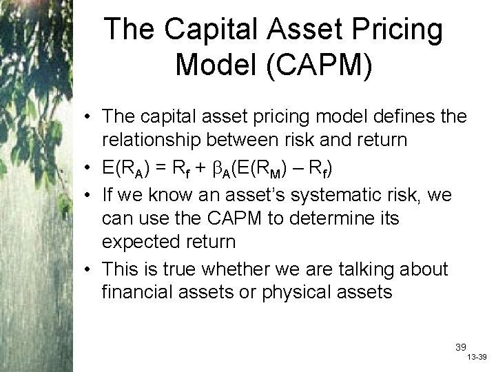 The Capital Asset Pricing Model (CAPM) • The capital asset pricing model defines the