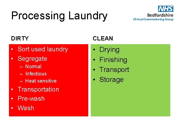 Processing Laundry DIRTY CLEAN • Sort used laundry • Segregate • • – Normal