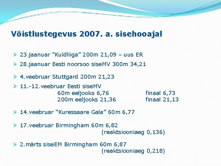 Võistlustegevus 2007. a. sisehooajal Ø 23. jaanuar “Kuldliiga” 200 m 21, 09 – uus