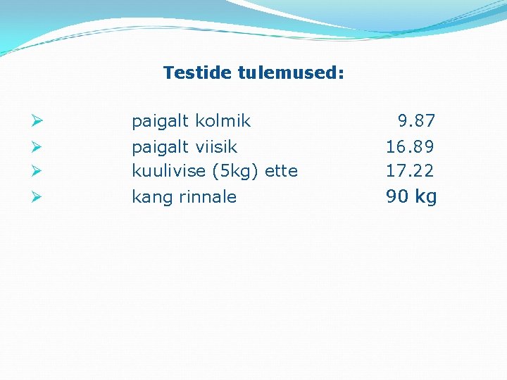 Testide tulemused: Ø paigalt kolmik Ø Ø paigalt viisik kuulivise (5 kg) ette Ø