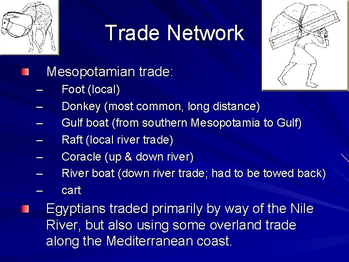 Trade Network Mesopotamian trade: – – – – Foot (local) Donkey (most common, long