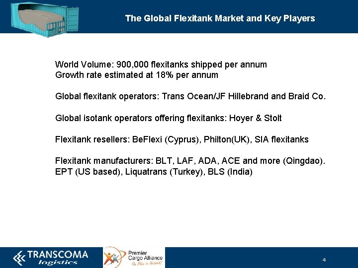 The Global Flexitank Market and Key Players World Volume: 900, 000 flexitanks shipped per
