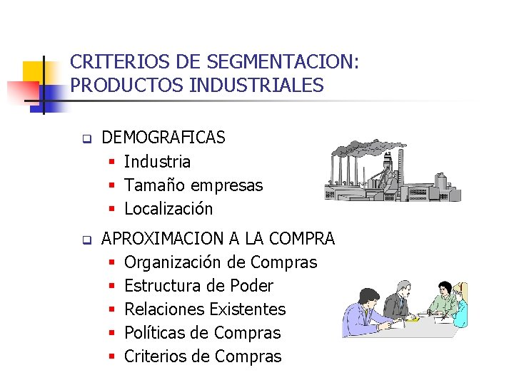 CRITERIOS DE SEGMENTACION: PRODUCTOS INDUSTRIALES q DEMOGRAFICAS § Industria § Tamaño empresas § Localización