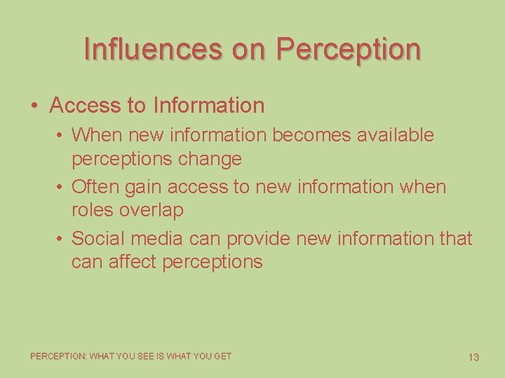 Influences on Perception • Access to Information • When new information becomes available perceptions