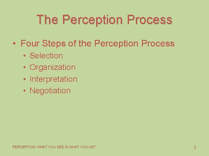 The Perception Process • Four Steps of the Perception Process • • Selection Organization