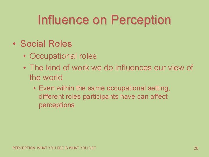 Influence on Perception • Social Roles • Occupational roles • The kind of work